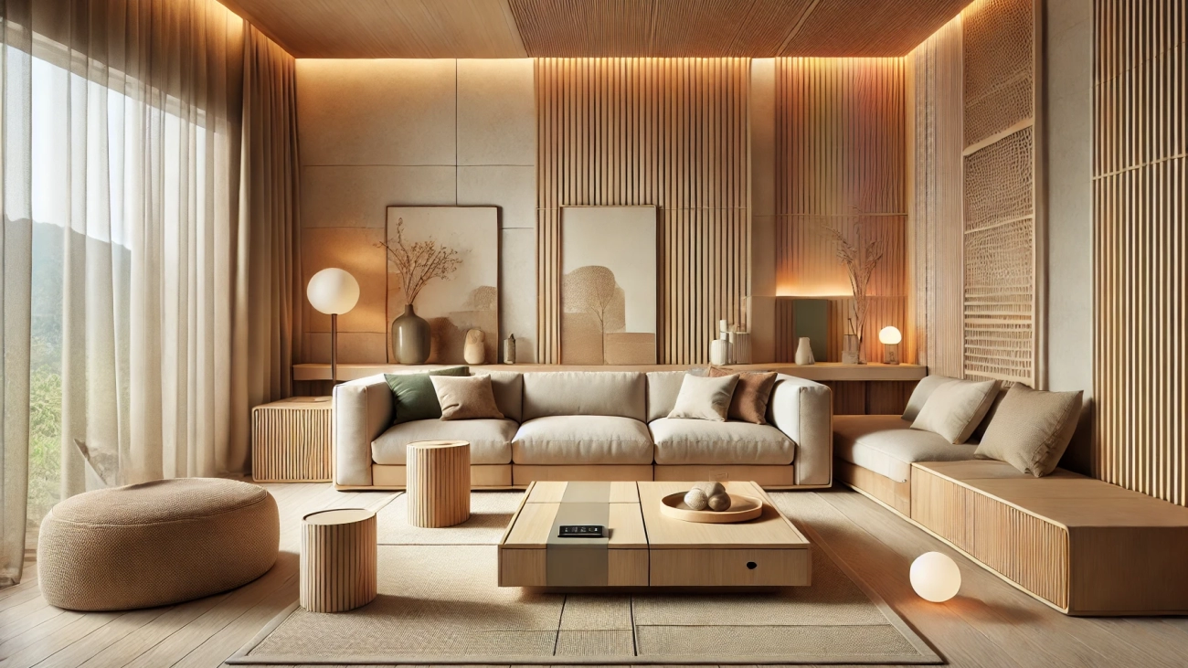 DALL·E 2025-03-06 09.36.39 - A modern living room featuring minimalist furniture in natural wood tones with a Japandi-style design. The space is decorated with sustainable materia