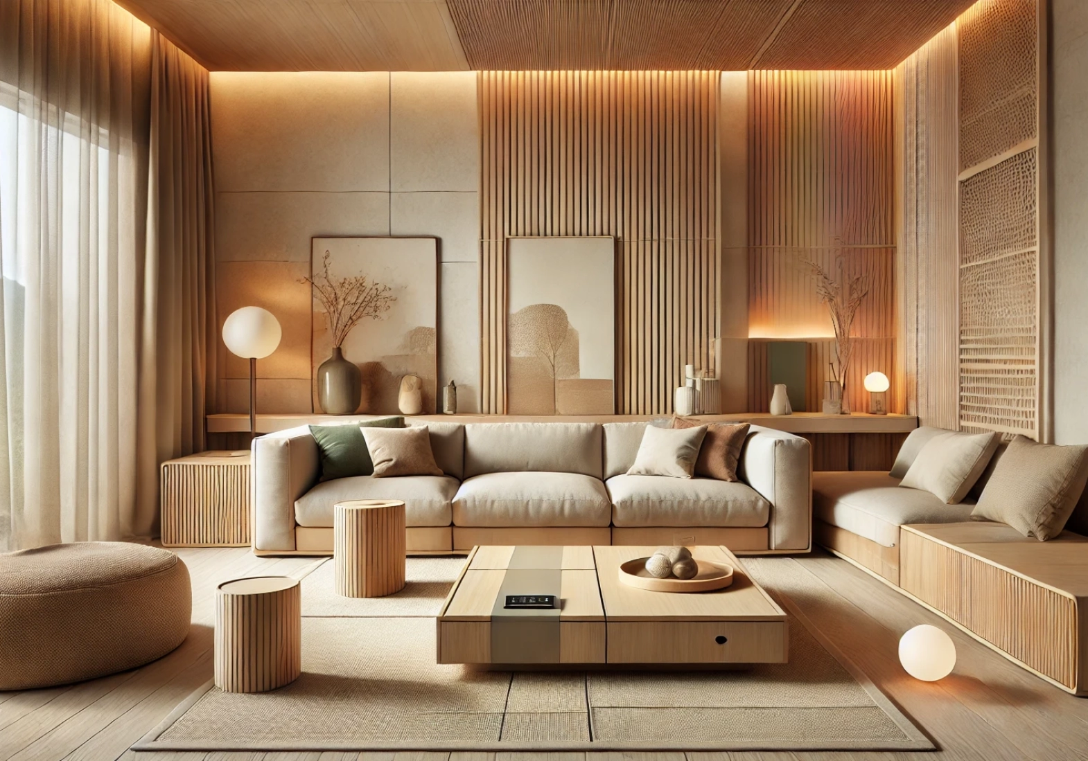 DALL·E 2025-03-06 09.36.39 - A modern living room featuring minimalist furniture in natural wood tones with a Japandi-style design. The space is decorated with sustainable materia